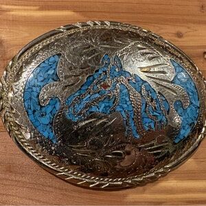Silver and turquoise Western horse head Belt Buckle